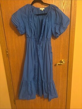 Blue Maxi Button-Front Dress with Puff Sleeves